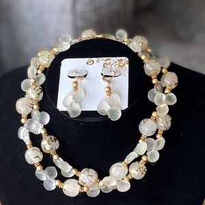 Vintage Gold Painted Glass Necklace and Earrings